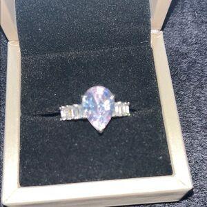 Silver Pear-Cut Pink Opal Ring with Accent Stones
